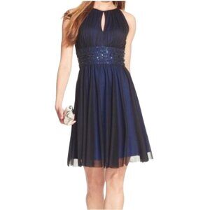 Jessica Howard Beaded Waist Keyhole Neck Cocktail Dress 14 Navy Blue Chiffon